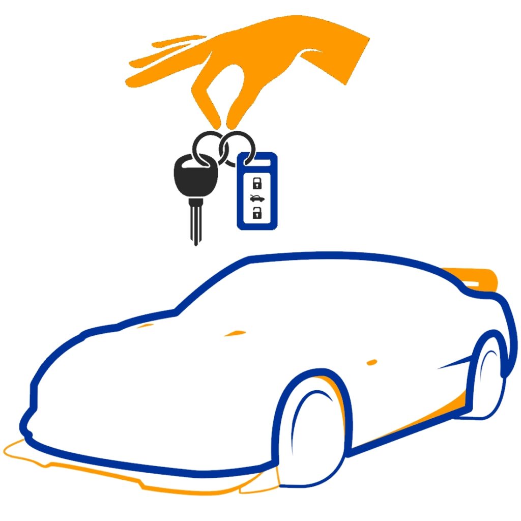 Dessin voiture bleu et jaune avec une clé indiquant les voitures d'occasions